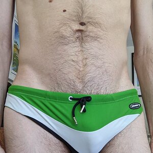 Green and white Speedos